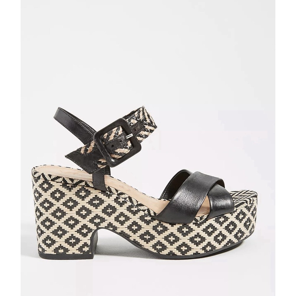 Anthropologie Vicenza Barcelona Raffia Platform Heels Sz 37 Black/White
